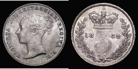 Threepence 1859 Obverse 1 with top of Queen's ear visible, variety with Obverse 2 type G's (G's have both serifs) ESC 2066, Bull 3394, Davies 1275 (se...