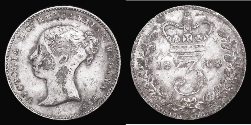 Threepence 1868 RRITANNIAR error legend ESC 2075A, Bull 3408, Davies 1291, Good ...