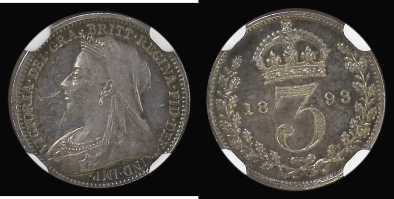 Threepence 1893 Veiled Head Proof, ESC 2105, Bull 3445, Davies 1351 dies 2A in a...