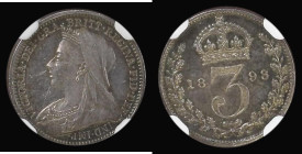 Threepence 1893 Veiled Head Proof, ESC 2105, Bull 3445, Davies 1351 dies 2A in an NGC holder and graded PF63
Estimate: GBP 120 - 150