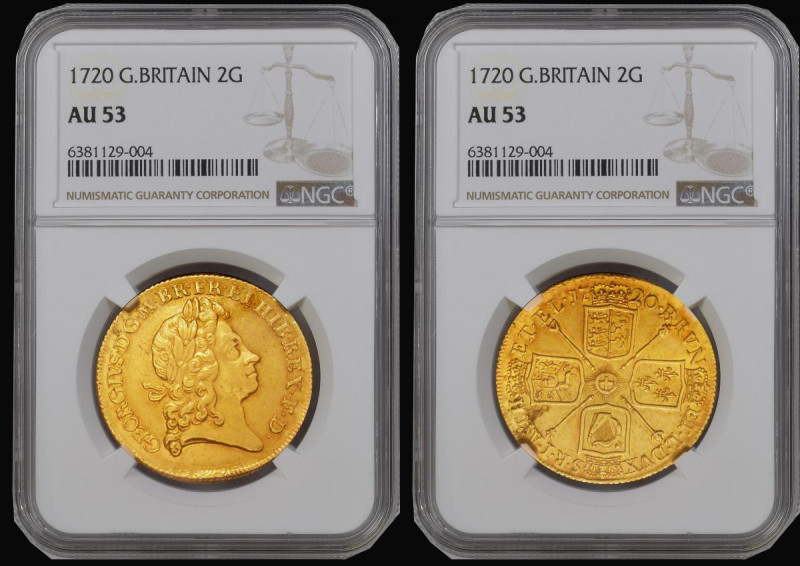 Two Guineas 1720 over 17 George I S3627 brilliant EF with some peripheral orange...