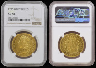 Two Guineas 1735 S.3667A sharp and prooflike and graded AU58+ by NGC and certainly not over graded by them, a rare date in this George II Young Head s...