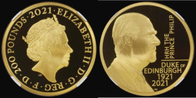 Two Hundred Pounds 2021 HRH Prince Philip - The Duke of Edinburgh 1921-2021 - A Life Well Lived 2oz. Gold Proof S.OC3, in an NGC holder and graded PF6...