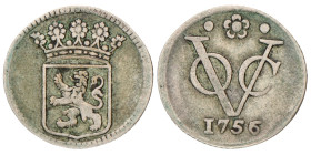 Halve Duit afslag in zilver. V.O.C. (Holland). 1756. Zeer Fraai.