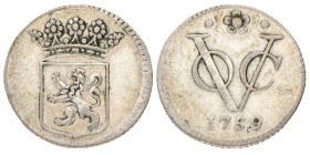 Halve Duit afslag in zilver. V.O.C. (Holland). 1759. Zeer Fraai.