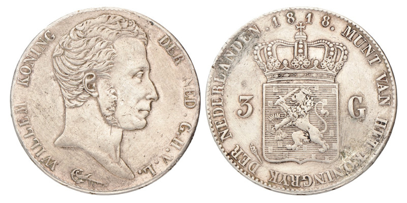 3 Gulden. Willem I. 1818 U. Zeer Fraai.
Montage sporen. Gepoetst. Sch. 1818 U. ...