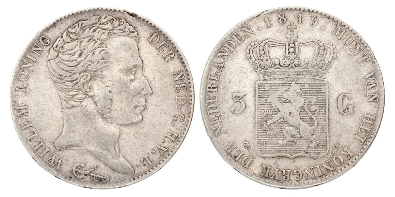 3 Gulden. Willem I. 1819 U. Zeer Fraai -.
Gepoetst. Sch. 241. 32,3 g.