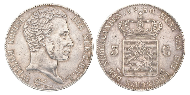 3 Gulden. Willem I. 1830. Zeer Fraai -.
Gepoetst. Sch. 248. 32,3 g.