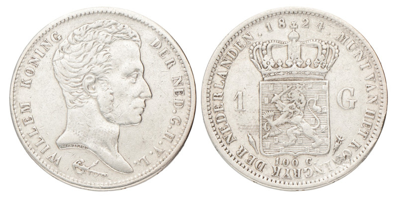 1 Gulden. Willem I. 1824 U met streep. Zeer Fraai.
Sch. 264b. 10,766 g.