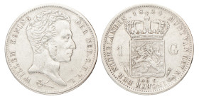 1 Gulden. Willem I. 1824 U met streep. Zeer Fraai.