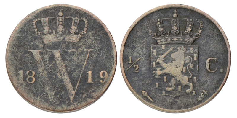 ½ Cent. Willem I. 1819 U. Fraai / Zeer Fraai.
Sch. 351. 1,8 g.