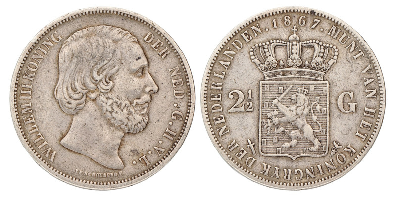 2½ Gulden. Willem III. 1867. Zeer Fraai +.
Sch. 593. 24,7 g.