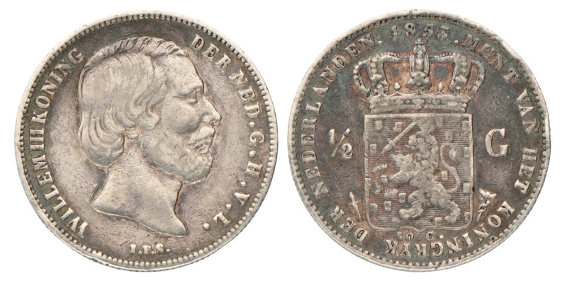 ½ Gulden. Willem III. 1853. Fraai / Zeer Fraai.
Gepoetst. Sch. 623. 5 g.