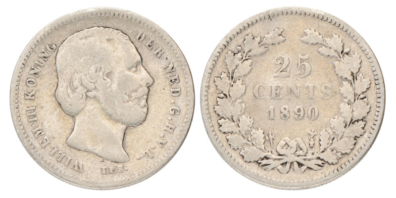 25 cent. Willem III. 1890 zonder punt. Fraai +.
Sch. 639a. 3,46 g.