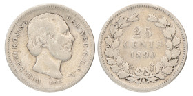 25 cent. Willem III. 1890 zonder punt. Fraai +.