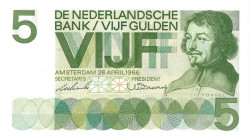 Nederland. 5 gulden. Bankbiljet. Type 1966. Type Vondel I. - Nagenoeg UNC.