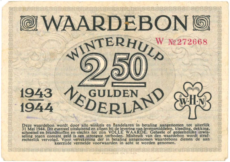 Nederland. 2½ gulden. Waardebon. Type 1943-1944. - Zeer Fraai.
Serienummer W272...