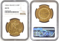 France 100 Francs 1902 A. NGC AU55
Paris mint, KM# 832, Gad-1137, Fr-552; Gold (.900) 32,26 g.; Mintage: 10 000. Despite some light circulation, the ...