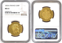 France 50 Francs 1855 A. NGC MS61
Paris mint, KM785.1, Gad-1111, F-547; Napoleon III; Mintage: 152 000. A fully lustrous example with no toning and w...