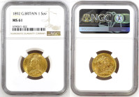 Great Britain 1 Sovereign 1892. NGC MS61
Gold coin (.917), 7,99 g, KM#767, Sp#3866, 2nd portrait, Ruler: Victoria