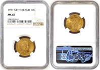 Netherlands 10 Gulden 1917. NGC MS65
Gold coin (.900), 6,73 g, KM#149, Ruler: Wilhelmina I