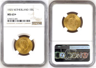 Netherlands 10 Gulden 1925. NGC MS63+
Gold coin (.900), 6,73 g, KM#162, Ruler: Wilhelmina I