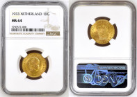 Netherlands 10 Gulden 1933. NGC MS64
Gold coin (.900), 6,73 g, KM#162, Ruler: Wilhelmina I