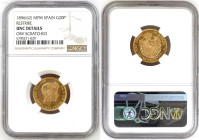 Spain 20 Pesetas 1896(62) MPM. NGC UNC Details
Gold coin (.900), 6,45 g, KM#709, ruler: Alfonso XIII, 3nd portrait, Mint mark: 6-pointed star, Mintag...