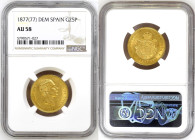 Spain 25 Pesetas 1877(77) DE M. NGC AU58
Gold coin (.900), 8,06 g, KM#673, ruler: Alfonso XII, 2nd portrait, 6-pointed star