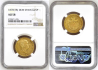 Spain 25 Pesetas 1878(78) DE M. NGC AU58
Gold coin (.900), 8,06 g, KM#673, ruler: Alfonso XII, 2nd portrait, 6-pointed star