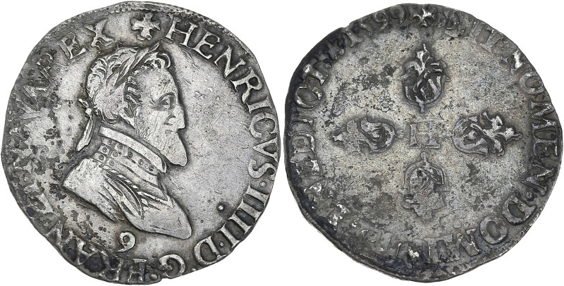 Henri IV - 1/2 franc buste lauré à droite 1599 9 (Rennes)

Argent - 6,65 grs - 2...