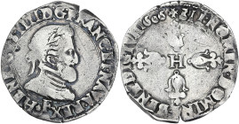 Henri IV - 1/2 franc buste lauré à droite 1606 F (Angers)

Argent - 6,68 grs - 28 mm
G.590
TB+

Très rare (R4 dans le Gadoury de S. Sombart). Nettoyé....