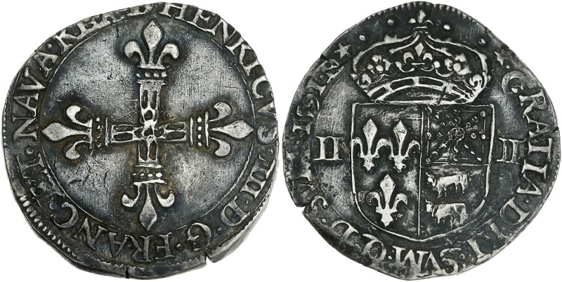 Henri IV - 1/4 écu de Béarn 1591 (Morlaàs)

Argent - 9,59 grs - 30 mm
G.603
TTB
...