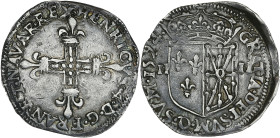 Henri IV - 1/4 écu de Navarre 1594 (Saint-Palais)

Argent - 9,45 grs - 29 mm
G.604
SUP-

Rare ! R3 dans le Gadoury des royales. Superbe exemplaire rec...