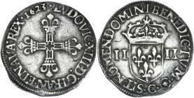 Louis XIII - 1/4 écu croix fleurdelisée de face 1623 C (Saint-Lô)

Argent - 9,58 grs - 30 mm
G.27
TTB

Assez rare (R2 dans le Gadoury des royales), ex...