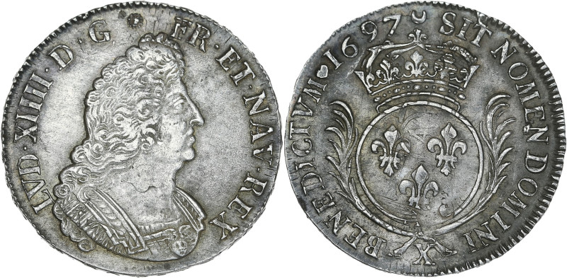 Louis XIV - Ecu aux Palmes 1697 X (Amiens)
Flan réformé.

Argent - 27,32 grs - 4...
