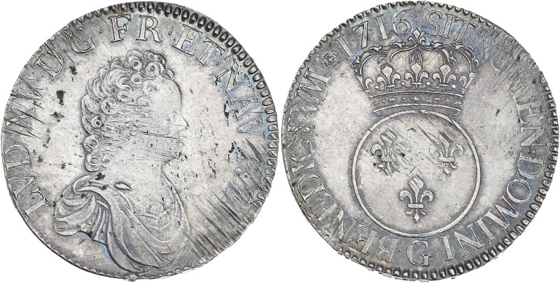 Louis XV - Ecu Vertugadin 1716 G (Poitiers)
Flan neuf.

Argent - 30,63 grs - ...