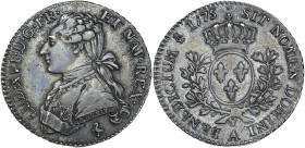 Louis XVI - 1/5 écu buste habillé 1775 A (Paris)

Argent - 5,87 grs - 25,5 mm
G.354
TTB

Assez rare (R2 dans le Gadoury des royales). Patine sombre et...