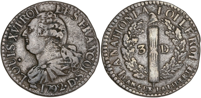 Constitution - 3 deniers FRANÇOIS 1792 DL (Lyon)

Cuivre - 3,07 grs - 21 mm
G...