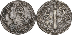 Constitution - 3 deniers FRANÇOIS 1792 DL (Lyon)

Cuivre - 3,07 grs - 21 mm
G.5
TTB

Très bel exemplaire.