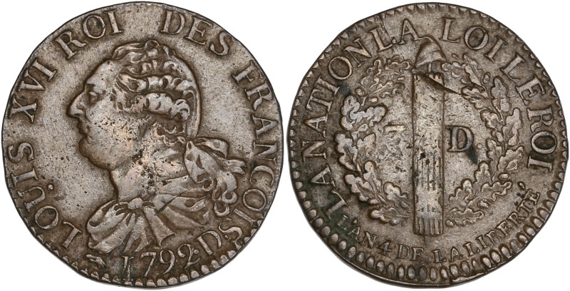Constitution - 3 deniers FRANÇOIS 1792 D ouvert en bas (Lyon)

Cuivre - 3,30 g...