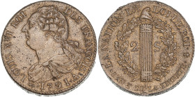 Constitution - 2 sols françois 1791 A (Paris)
Point au dessus de la lettre d'atelier.

Cuivre - 23,59 grs - 33 mm
G.25
SUP

Superbe exemplaire frappé ...