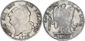 Constitution - Ecu de 6 livres FRANCOIS 1792 MA (Marseille)
Semestre 1.

Argent - 29,39 grs - 38 mm
G.55
TTB

Rare pour Marseille ! Faiblesses de frap...
