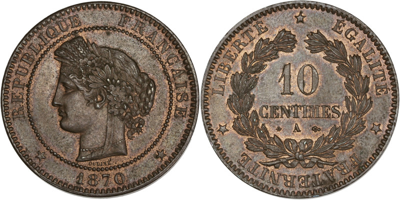 Cérès - 10 centimes 1870 A (Paris)
Grand A.

Bronze - 10,14 grs - 30 mm
F.135-4 ...
