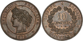 Cérès - 10 centimes 1870 A (Paris)
Grand A.

Bronze - 10,14 grs - 30 mm
F.135-4 / G.265
SPL / MS63

Monnaie gradée par GENI en MS63. Superbe exemplair...