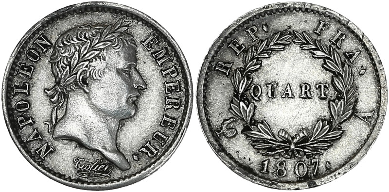 Napoléon Empereur - Quart tête laurée 1807 A (Paris)
Type République Française...