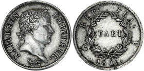 Napoléon Empereur - Quart tête laurée 1807 A (Paris)
Type République Française

Argent - 1,22 grs - 15 mm
F.161-1 / G.349
TTB+

Type rare ! Trè...
