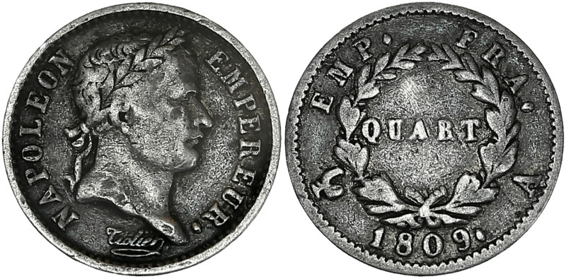 Napoléon Empereur - Quart tête laurée 1809 A (Paris)

Argent - 1,23 grs - 15 mm
...