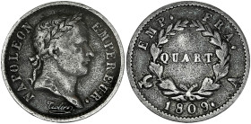Napoléon Empereur - Quart tête laurée 1809 A (Paris)

Argent - 1,23 grs - 15 mm
F.162-1 / G.350
TB+

Type rare ! Monnaie qui a circulé, nettoyage anci...