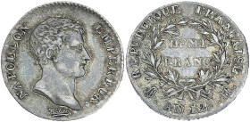 Napoléon Empereur - Demi Franc An 12 H (La Rochelle)

Argent - 2,48 grs - 18 mm
F.174-4 / G.395
TTB

Très rare et bel exemplaire. Patine irrégulière....